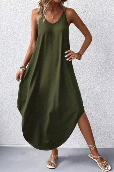 Mossta Slim Strap V-Neck Casual Viscose Dress - Green