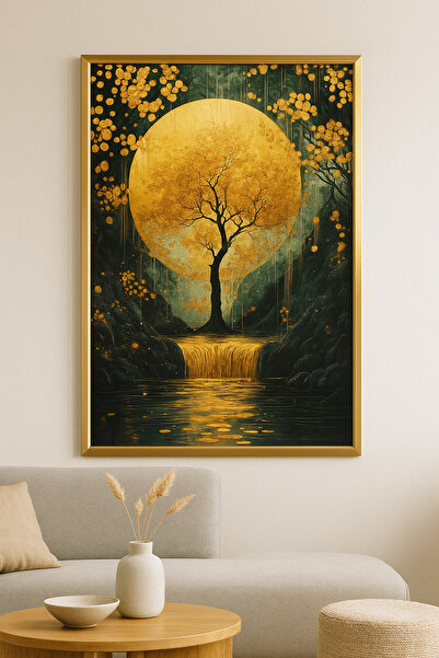 seninürünün Ay Ve Ağacın Buluşması - Gerçek Cama Baskı Gold Alüminyum Metal Çerçeveli Tekli Modern Tablo