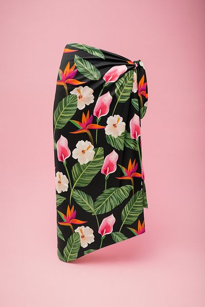 pistore Black Exotic Leaf Tropical Floral Pattern Long Pareo Satin Does Not Show Underwear Women's Beach Dress