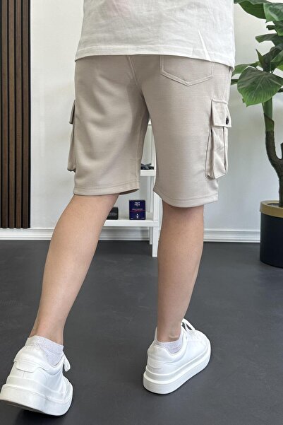 Edwox Men's Elastic Waist Pocket Shorts Cream Edw388