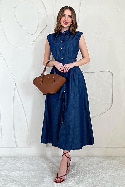 Elbee Fashion Woman Rochie albastră din tensel cu curea și detalii cu ținte