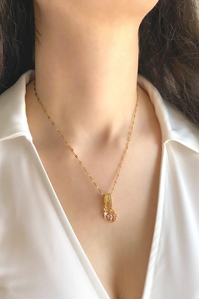 DEMOKAN Women's Steel Necklace Pink Baguette Stone Pole Star Necklace