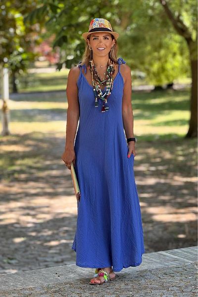 Nevin Kaya Moda Rochie din țesătură muselină cu bretele de culoare albastră 100% bumbac