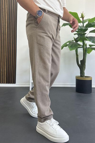 Edwox Men's Regular Cut Linen Trousers Light Brown Edw386