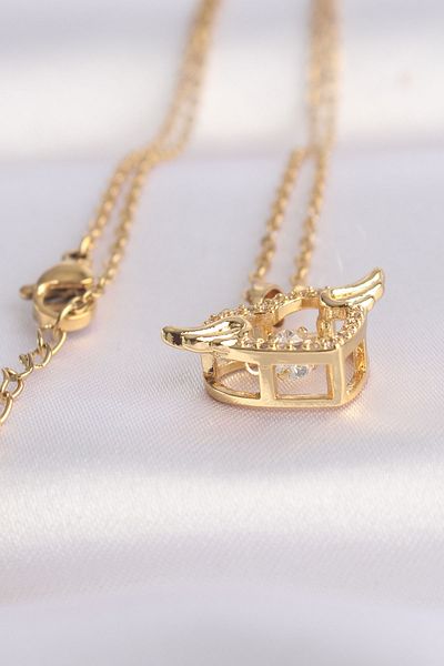 Skygo 316L Steel Zircon Stone Heart Necklace - Gold Color, Winged - TJ-BKO8628