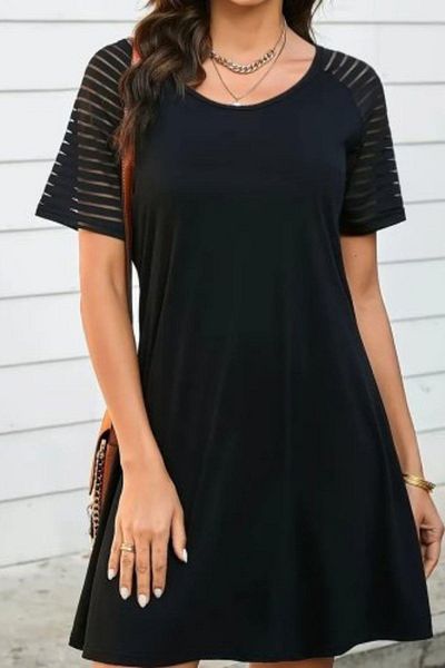 Mossta Round Neck Viscose Dress with Striped Mesh Sleeve Detail - Black