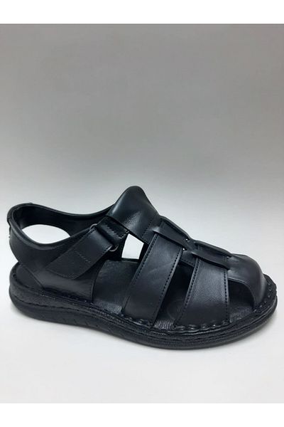 PEKER Genuine Leather Black Color Close-Toe Daily Comfortable Sole Men's Sandals