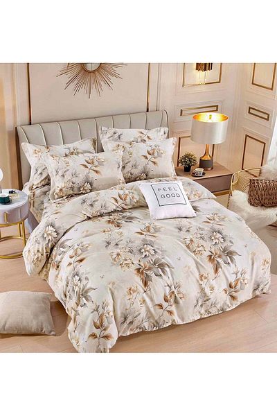 trendyhome Double bed linen with Elastic, 6 PIECES, Fine Cotton, Flowers, Cream/Brown, J244069-ELASTIC