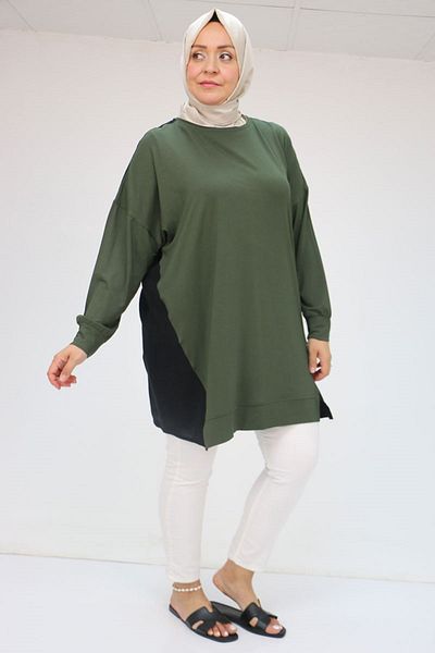Eslina 58056 Large Size Combed Cotton Tunic with Solid Color Garnish on the Sides - Khaki