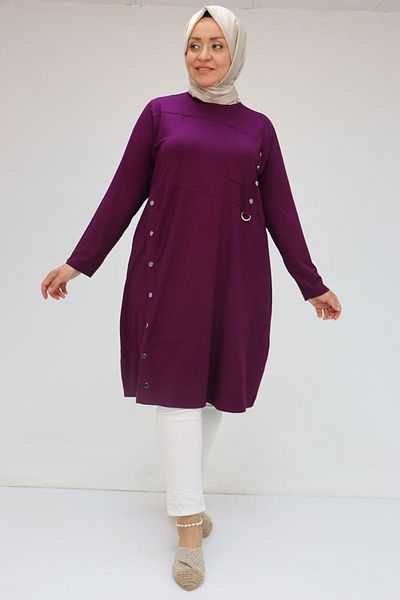 Eslina 58045 Large Size Combed Cotton Tunic with Fastening Button Detail - Plum