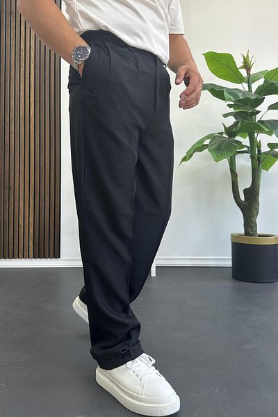Edwox Men's Buttoned Waist Comfortable Fit Summer Trousers Black Edw393