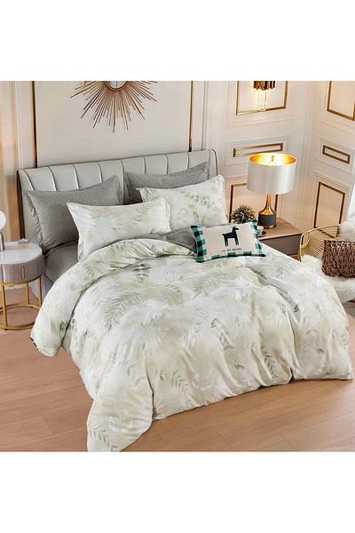 trendyhome Double Bed Linen with Elastic, Finet, 6 Pieces, Leaves, Green/Grey, J14603-ELASTIC