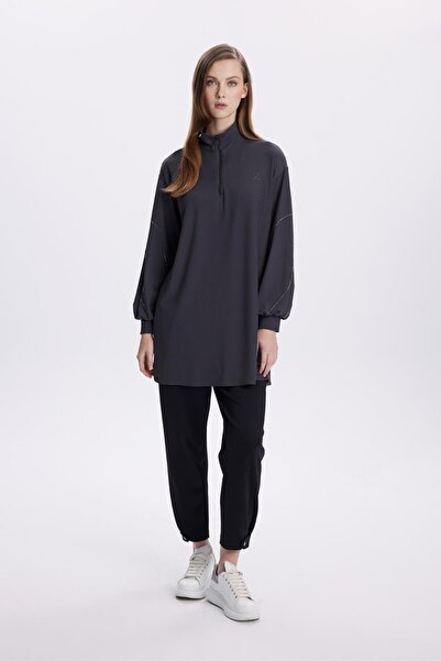 Zühre Taş İşlemeli Fermuar Yaka Antrasit Tunik T-1494