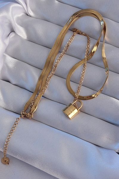 Skygo 316L Steel Gold Color Double Chain Lock Model Necklace - Tj-Bko8941