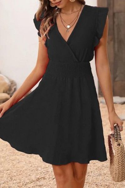 Mossta Double Breasted Collar Elastic Waist Aerobin Dress - Black