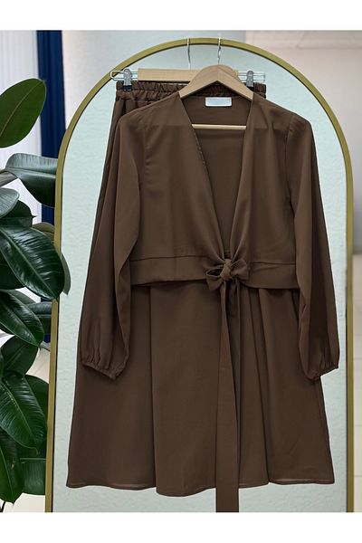 MİHRA STORE Nubola Tie Front Skirt Suit-As078 Brown