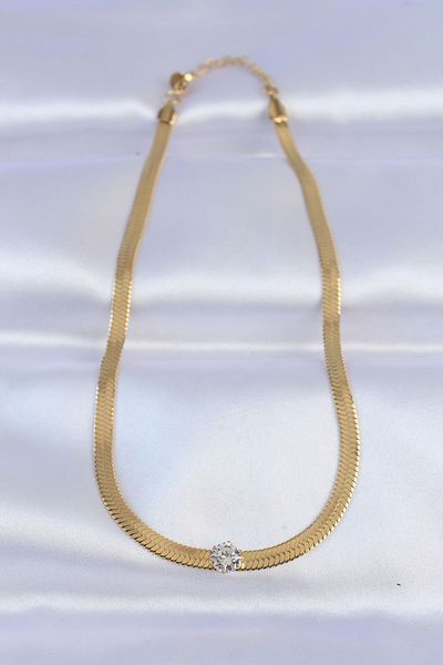 Skygo Gold Colored 316L Steel - Single Zircon Stone Italian Chain Necklace - TJ-BKO8747