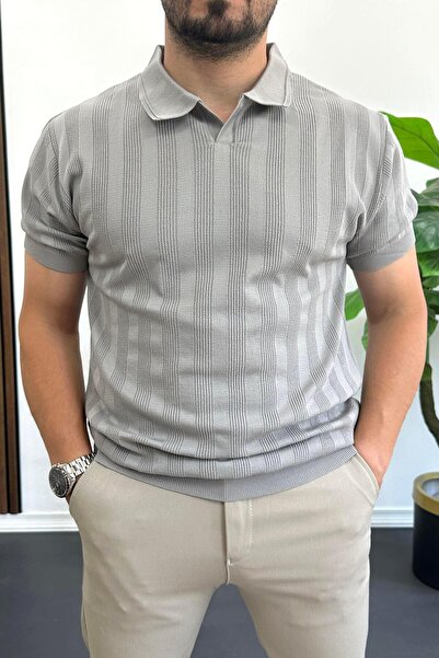 Edwox Men's Open Collar Patterned T-Shirt Gray Edw385