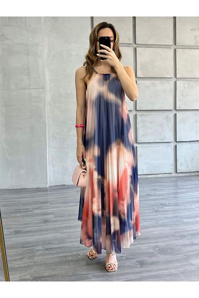 Coral Thin Strap Tie-Dye Patterned Dress Brown