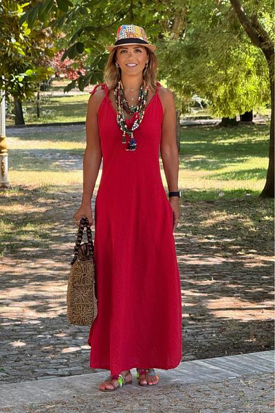Nevin Kaya Moda Φόρεμα από ύφασμα μουσελίνας με κόκκινο χρώμα 100% βαμβάκι