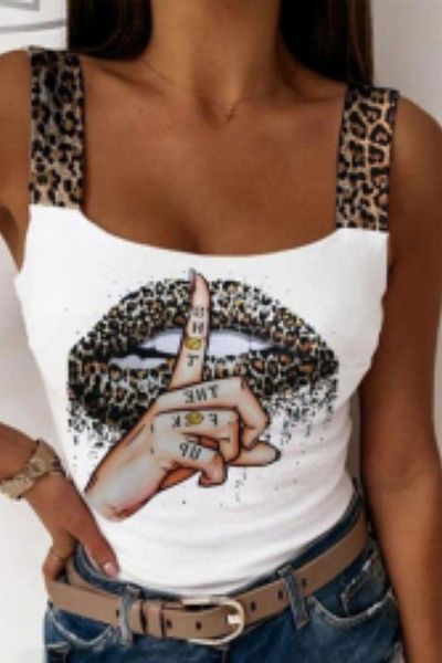 Mossta Thick Strap Leopard Printed Micro Fabric Blouse - White