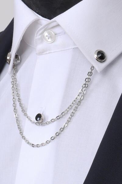 Esgue Gümüş Renk Taşlı Zincirli Gömlek Yaka Aksesuarı