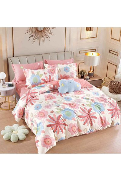 trendyhome Bed Linen with Elastic, Fine Cotton, Double Bed, 6 Pieces, Poppies, Pink, J14875-ELASTIC