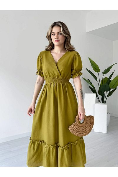 Dks Life Double Breasted Collar Waist Ruffled Long Muslin Linen Dress