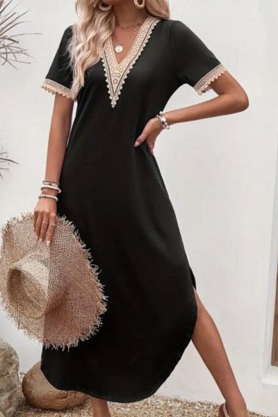 Mossta Short Sleeve Lace Detail Long Viscose Dress - Black