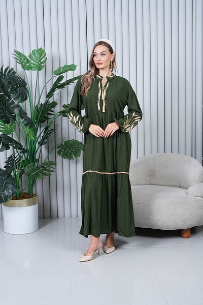 EL jadida Women's Embroidered Tassel Plus Size Hijab Dress Khaki
