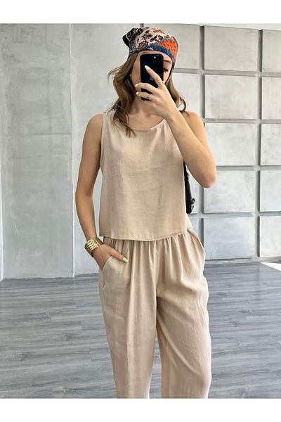 Coral Sleeveless Blouse Trousers Set Stone