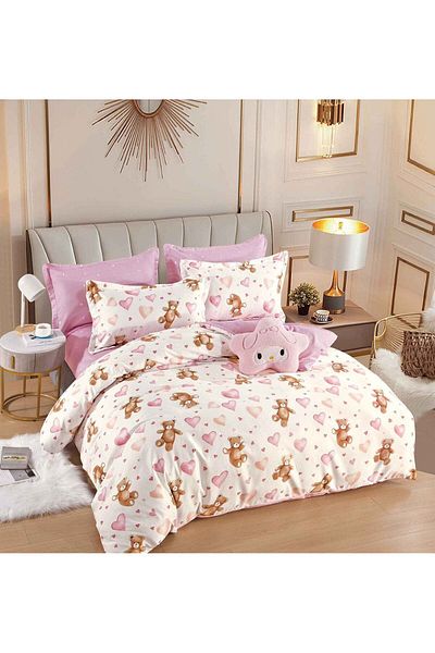 trendyhome Double bed linen with Elastic, 6 PIECES, Fine Cotton, Bears, White/Pink, J244059-ELASTIC