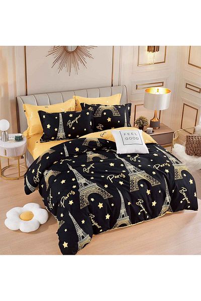 trendyhome Double Bed Linen with Elastic, Finet, 6 Pieces, Paris, Yellow/Black, J14912-ELASTIC
