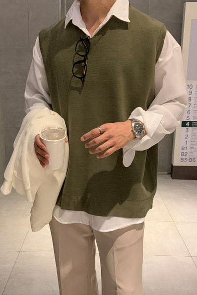Tarz Cool Men's Khaki V-Neck Oversize Sweater