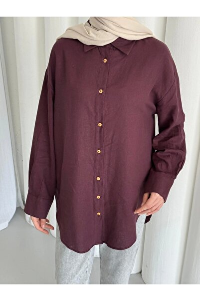 Merwish Button Linen Shirt-Burgundy 1362