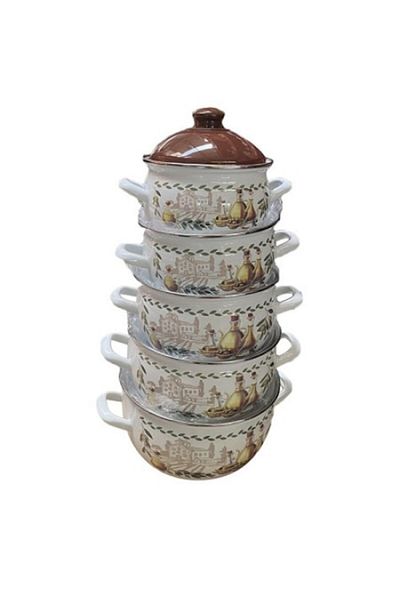 OEM 10-piece pot set, Savasan, White/Brown with pattern, Enamel