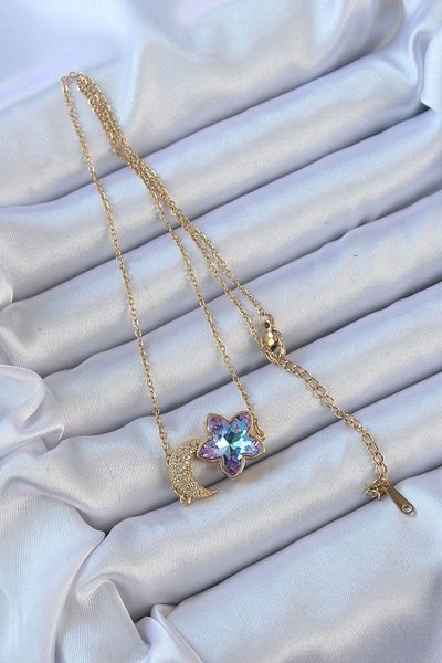 Skygo 316L Steel Chain Gold Color Moon Design Colorful Zircon Stone Flower Necklace - Tj-Bko9135