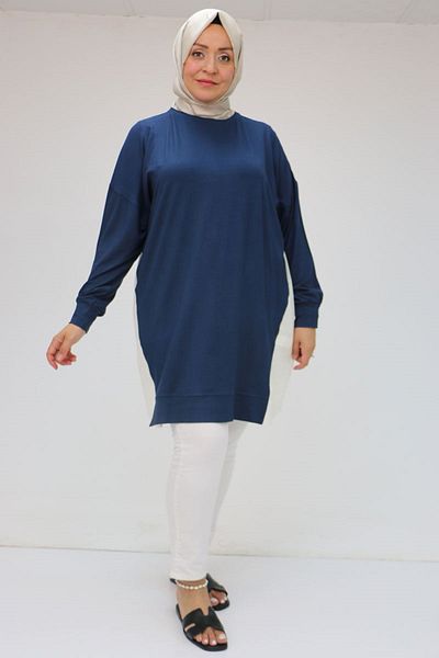 Eslina 58056 Large Size Combed Cotton Tunic with Solid Color Garnish on the Sides - Navy Blue