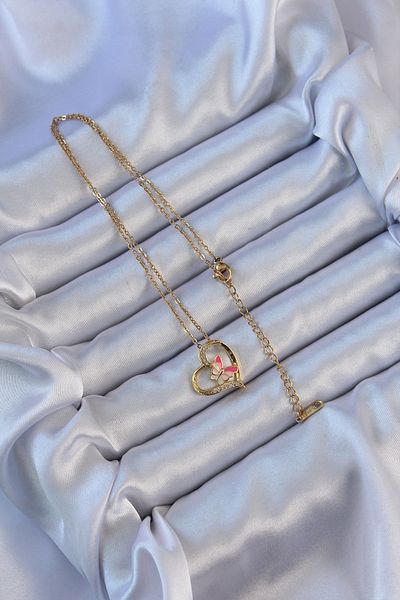 Skygo 316L Steel Chain - Gold Colored Butterfly Figured Zircon Stone Heart Necklace - Tj-Bko9107