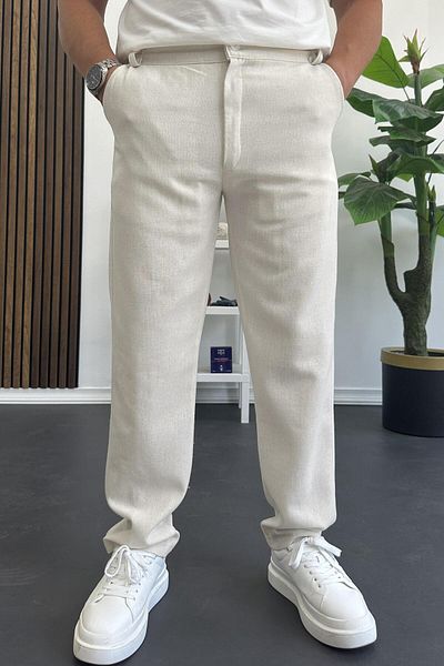 Edwox Men's Regular Fit Linen Trousers Off White Edw386
