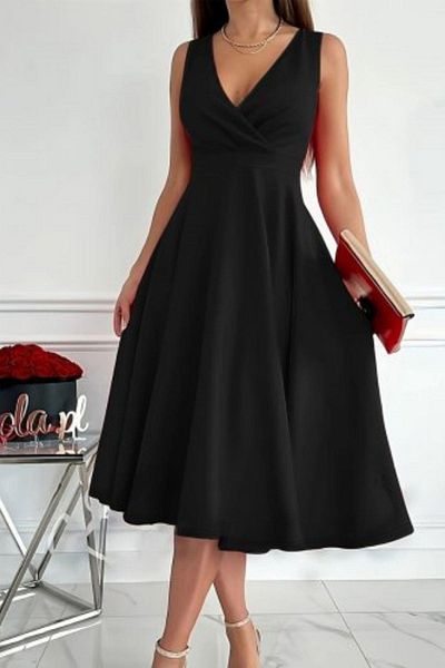 Mossta Double Breasted Collar Skirt Flared Sleeveless Imported Crepe Dress - Black