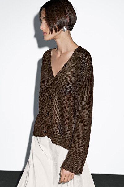 Massimo Dutti Düğme detaylı keten triko hırka