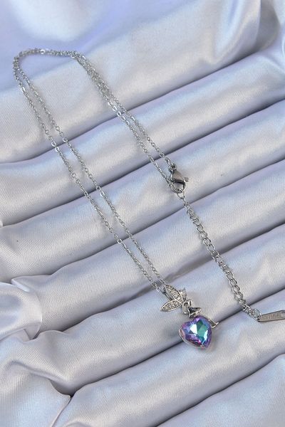 Skygo Purple Blue Silver Colored 316L Steel Zircon Stone Heart Detailed Fairy Necklace - Tj-Bko9128