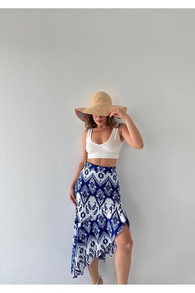 Corradeo Giyim High Waist Asymmetric Cut Ripped Flounced Midi Length Stretchy Knitted Fabric Skirt