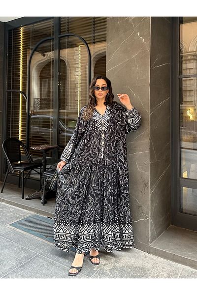 PİNK FLY 100% Viscose Bohemian Alaçatı Dress V-Neck Ethnic Patterned Viscose Dress Suitable for Hijab
