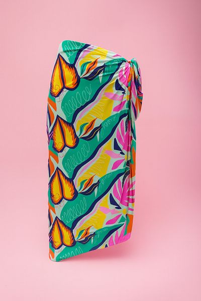 pistore Turquoise and Yellow Abstract Flower Pattern Long Pareo Satin Does Not Show Underwear Women's Beach Dress New Season