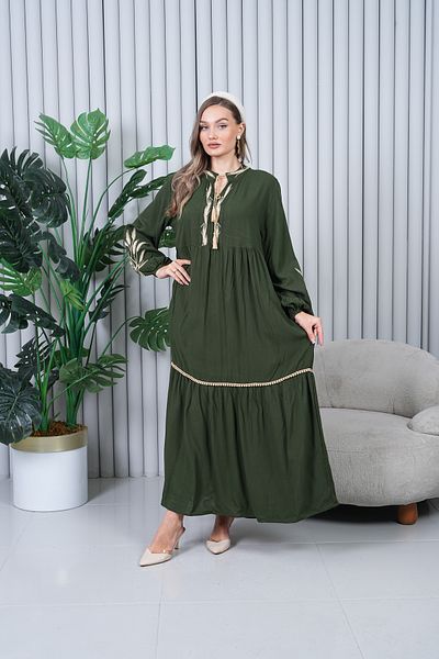 EL jadida Women's Embroidered Tassel Plus Size Hijab Dress Khaki