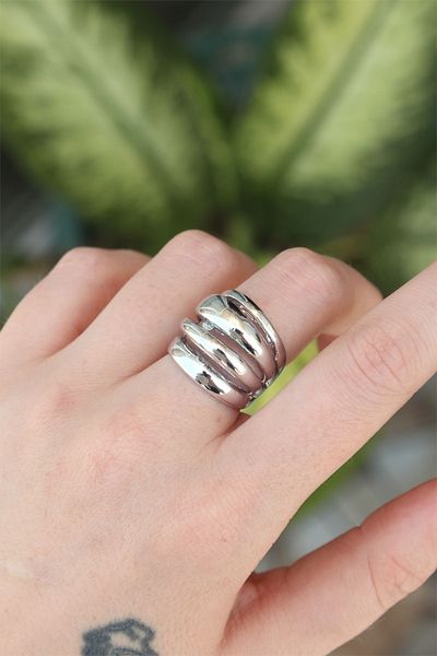 Skygo Brass Silver Color Adjustable Serrated Curved Ring - Tj-Byk3169