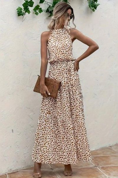 Mossta Halter Neckline Elastic Waist Patterned Single Jersey Dress - Beige