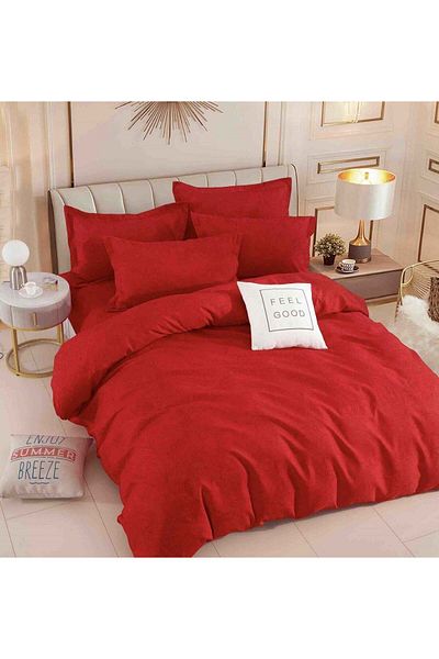 trendyhome Bed Linen with Elastic, Fine Cotton, Double Bed, 6 Pieces, Red, Floral Pattern, J14618-ELASTI